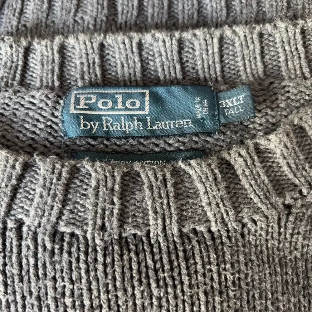 Polo by Ralph Lauren Sweater 3XLT Tall Gray Cotton Vtg 90s Pony Heavyweight